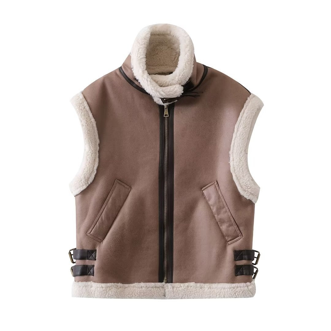Women Vest Stitching Vest Fashion Faux Fur